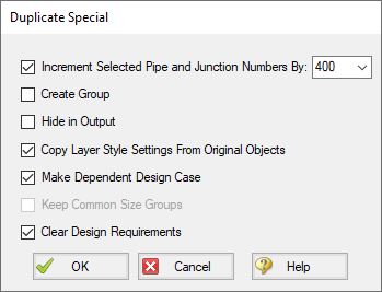 The Duplicate Special window with the option for Make Dependent Design Case selected.